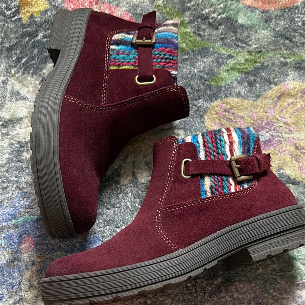 Burgundy Suede Ankle Boots with Colorful Woven Accent